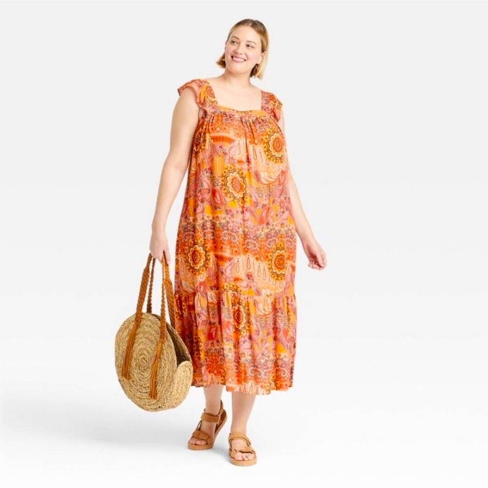 Knox Rose Woman’s Orange Floral Sleeveless Maxi Dress. Sz M. NWOT